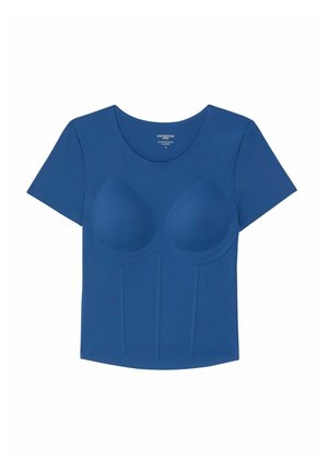 Blue short-sleeve fitted shirt with molded cups and subtle vertical seam details, featuring a round neckline.