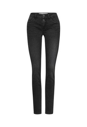 Zwarte skinny jeans van denim, met een hoge taille, twee voorzakken en een knoopsluiting met metalen accenten. Soepele textuur overal.