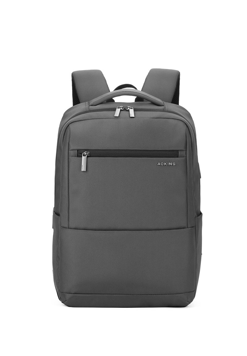 Zaino rettangolare grigio con spallacci imbottiti, manico superiore, tasca anteriore con zip e logo "AOKING" su sfondo bianco.