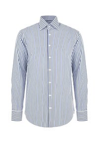 Męska koszula z długim rękawem w białym kolorze z granatowymi pionowymi paskami, z kołnierzykiem zapinanym na guziki, z guzikami z przodu oraz kontrastowymi paskami na mankietach. Wykonana z mieszanki bawełny.