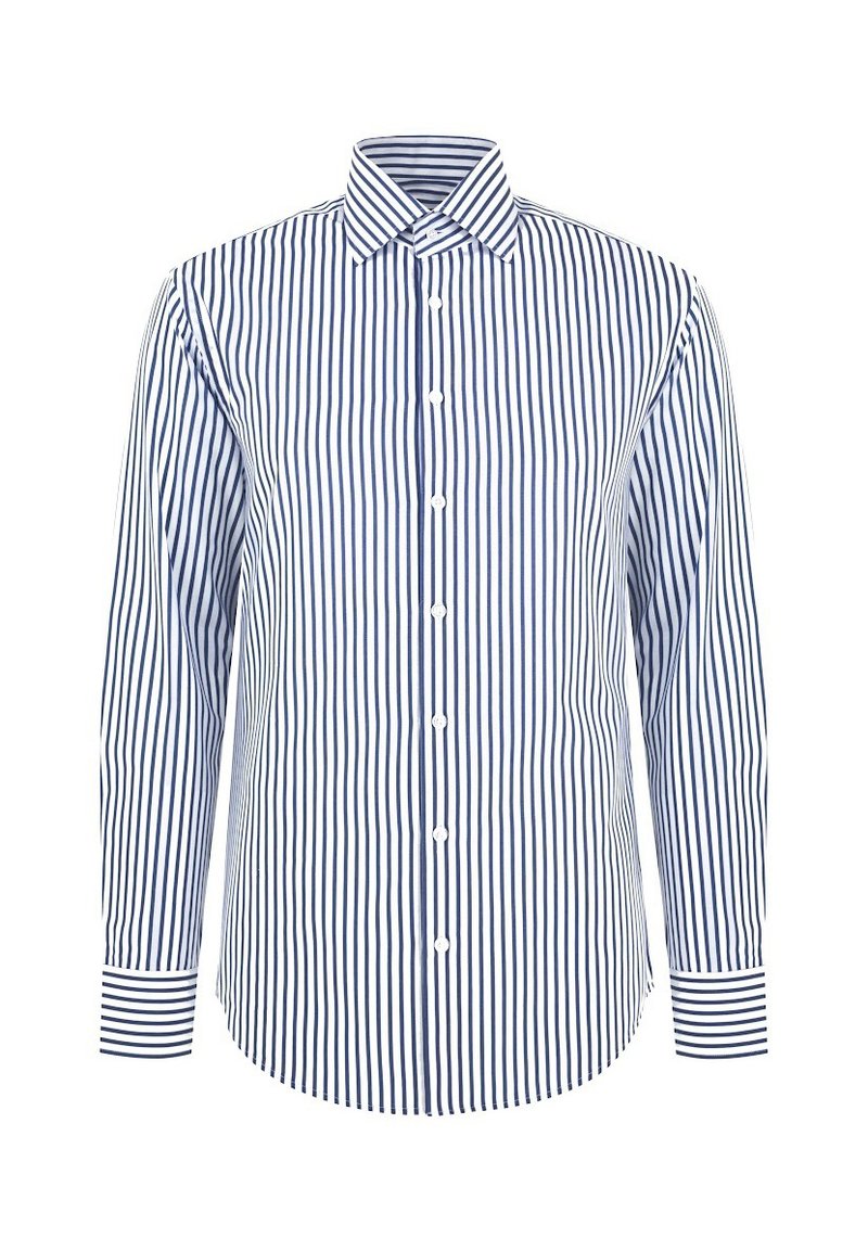 Męska koszula z długim rękawem w białym kolorze z granatowymi pionowymi paskami, z kołnierzykiem zapinanym na guziki, z guzikami z przodu oraz kontrastowymi paskami na mankietach. Wykonana z mieszanki bawełny.