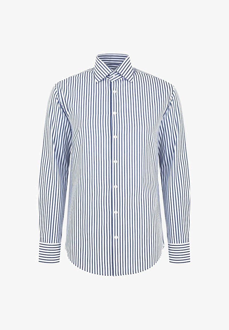 Męska koszula z długim rękawem w białym kolorze z granatowymi pionowymi paskami, z kołnierzykiem zapinanym na guziki, z guzikami z przodu oraz kontrastowymi paskami na mankietach. Wykonana z mieszanki bawełny.