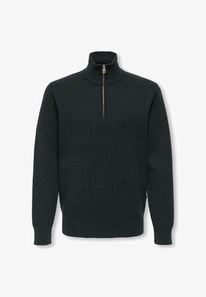 Maglione a coste verde scuro con colletto alto, dotato di chiusura a mezza zip. Maniche lunghe e vestibilità aderente con tessuto testurizzato.