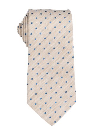 Beige stropdas met gelijkmatig verdeelde kleine blauwe polkadotjes in een diagonaal patroon, stof heeft een subtiele textuurweving.