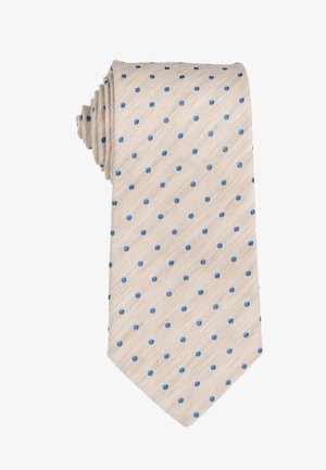 Beige stropdas met gelijkmatig verdeelde kleine blauwe polkadotjes in een diagonaal patroon, stof heeft een subtiele textuurweving.