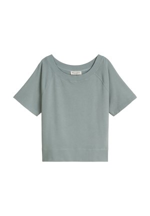 Kurzärmeliges, hellgraues, gekürztes Sweatshirt mit weitem Rundhalsausschnitt und geripptem Saum.