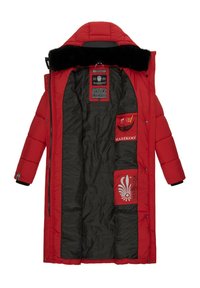 Red padded long coat with a black faux fur collar, featuring a quilted interior, multiple pockets, and decorative logo elements.
