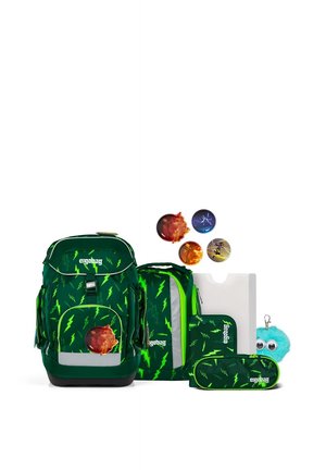 Green backpack set with neon lightning patterns includes two bags, pencil case, folder, colorful pins, and blue fluffy keychain.