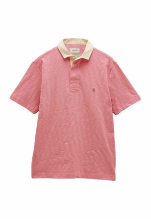 Rosa Poloshirt mit kurzen Ärmeln, cremefarbenem Kragen, Knopfleiste mit zwei Knöpfen und kleinem, gesticktem Logo auf der linken Brust.