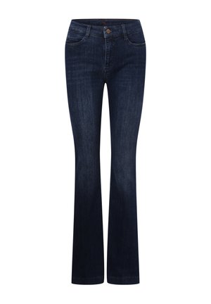 Dype blå denimflared jeans med klassisk fem-lommers design, med subtil falming, frontlukking med knapp og beltehemper.