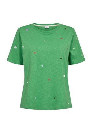 Green short-sleeve crew neck t-shirt with scattered small embroidered dots in various colors including red, white, black, and blue.