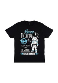 Czarna koszulka z grafiką "Buzz Lightyear" w białym i niebieskim kolorze, przedstawiająca postać astronauty z napisem "w nieskończoność i dalej!"