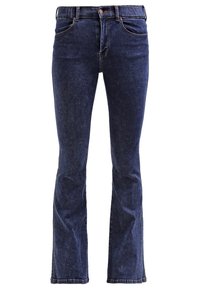 Jean en denim bleu foncé avec une légère évasement, conception standard à cinq poches, fermeture par bouton et zip, sans usure visible.