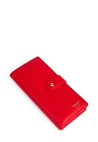 Red leather wallet with a smooth texture, rectangular shape, snap closure, gold hardware accent, and embossed logo on the front.