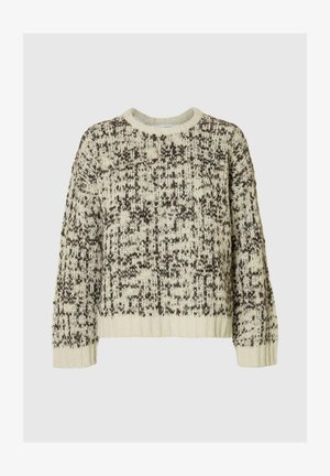 Knit sweater with a cream base and dark brown speckled pattern. Features a round neckline and ribbed cuffs, offering a textured finish.