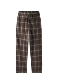 Pantalones de cuadros marrones con una cinturilla elástica, que presentan patrones de cuadrados oscuros y claros alternos. Fabricados con una tela suave y transpirable.