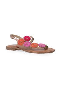 Brune lædersandal med slingback-rem, der har flerfarvede stofblomster (pink, orange og rød) over fronten.
