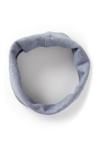 Světlé modré pružné pletené čelenka s jemnou texturou a bezešvým designem, vhodná pro každodenní nošení. Kulatý tvar, bez viditelných kovových částí.