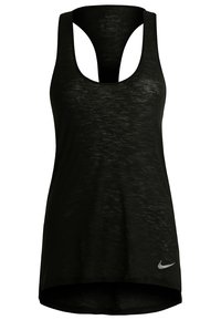 Débardeur de sport noir sans manches avec dos nageur et petit logo blanc Nike sur le bas avant.