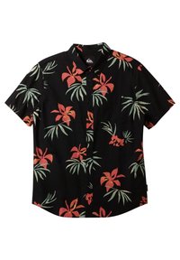 Chemise noire à manches courtes avec un motif floral tropical en rouge et vert. Comprend une poche poitrine et un col pointu.