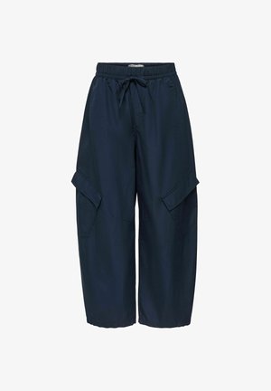 Pantalon cargo bleu marine à jambes larges avec taille élastique, cordon à l'avant et grandes poches à rabat sur chaque côté.