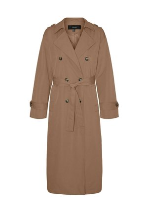 Dobbeltbrystet trenchcoat i brun stof med bælte i taljen, krave med udskæring, skulderlapper og knapdetaljer på ærmerne.