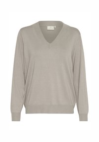 Hellgrauer V-Ausschnitt-Pullover mit langen Ärmeln, gerippten Bündchen und lockerer Passform. Hergestellt aus softem, glattem Stoff mit einer dezenten Textur.