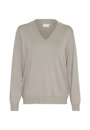Svjetlosiva vesta s V-izrezom i dugim rukavima, rebrastim manžetama i opuštenim krojem. Izrađena od mekanog, glatkog materijala s suptilnom teksturom.