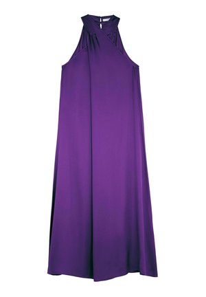 Robe sans manches violette avec un design enroulé, dotée d'un tissu texturé, d'un décolleté en V profond et d'une fermeture à dos en keyhole. Tombe jusqu'à la cheville.