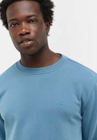 Jasnoniebieski sweatshirt z okrągłym dekoltem, wykonany z bawełny, z małym haftowanym logo na klatce piersiowej, o gładkiej teksturze i luźnym kroju.