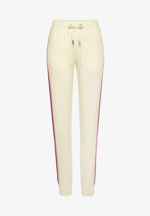 Crème joggerbroeken met roze zijstrepen, gemaakt van zachte stof. Voorzien van een elastische tailleband en twee zijzakken.