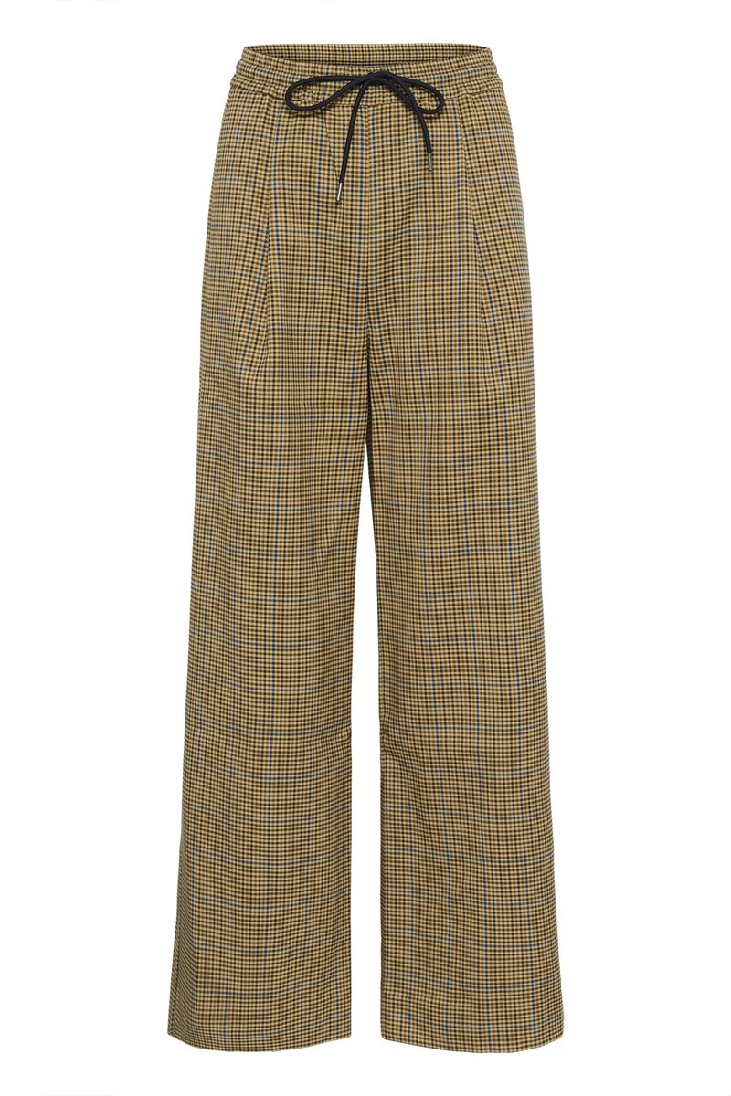 Plaid wide-leg trousers made from a lightweight material, featuring a black drawstring at the waist and two side pockets. Colors include yellow and black.
