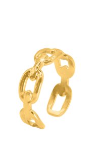 Bague en ton or conçue sous forme de maillons de chaîne entrelacés, avec une finition polie et une texture lisse. Design contemporain léger et en maillons.