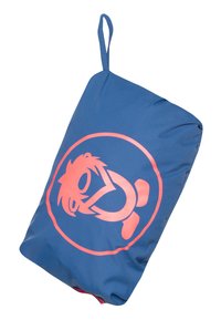 Blue fabric pouch with a pink circular logo featuring a cartoon character. Includes a top loop for hanging or carrying. Smooth texture.