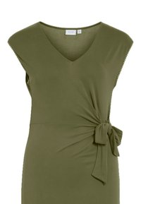 Abito verde oliva con scollatura a V, maniche corte e dettaglio con nodo laterale. Realizzato in un tessuto morbido con una silhouette aderente.