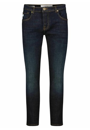 Dunkelblaue Slim-Fit-Jeans mit gelben Nähten, vorderem Knopf und Taschen, mit leichtem Verblassen an den Oberschenkeln und Knien.