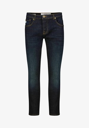 Ciemnoniebieskie jeansy o dopasowanym kroju, z żółtym przeszyciem, guzikiem z przodu i kieszeniami, z lekko wyblakłymi partiami na udach i kolanach.