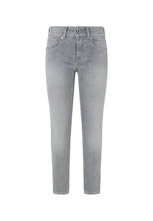 Jeans de ganga cinza com um design ajustado, apresentando cinco bolsos e uma cintura padrão. Textura suave sem embelezamentos visíveis.