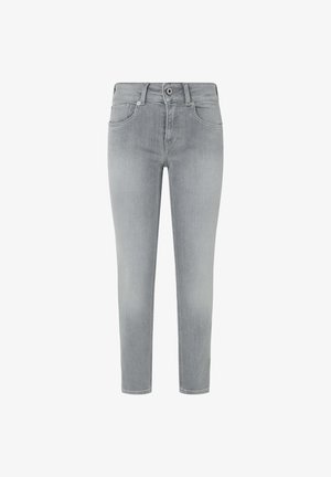 Grå denim jeans med en tætsiddende design, der har fem lommer og et standard livbånd. Glat tekstur uden synlige dekorationer.