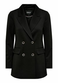 Černý dvouřadý blazer s klopami, dvěma předními kapsami a dekorativními kulatými knoflíky. Hladká tkanina s přiléhavým střihem.