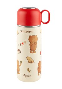Insulated stainless steel thermos with a red screw-on lid. Features playful animal illustrations on a cream background. Durable and lightweight.