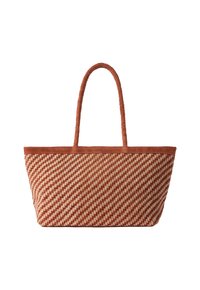 Sac en toile rectangulaire tissé avec un motif en damier diagonal rouille et beige et de longues poignées tressées de couleur rouille.