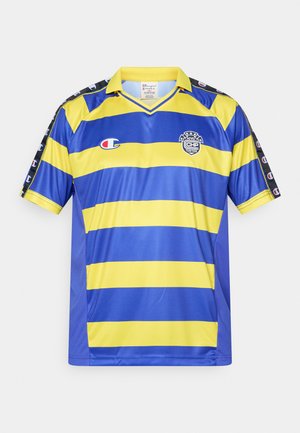 Blue and yellow striped short-sleeve sports jersey with a yellow collar, Champion logos on shoulders and chest, and a NYC CHP badge.