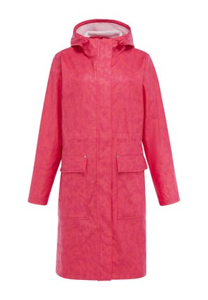 Lange roze regenjas met capuchon, voorzakken met klep en verborgen voorritssluiting.