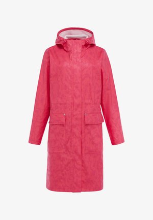 Langer rosa Regenmantel mit Kapuze, vorderen Klappentaschen und einem verdeckten Reißverschluss vorne.