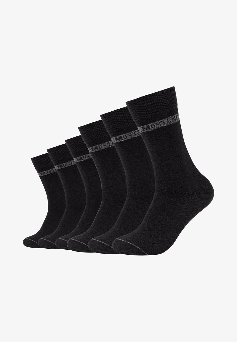 Schwarze Baumwollsocken mit einem gerippten Bund und einem grauen Logo-Band. Sechs Paare ausgestellt, mit einer glatten Textur und standardmäßiger Knöchelhöhe.