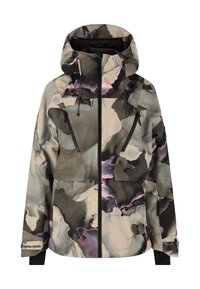 Kapuzenshirt in einem gemischten Aquarellmuster mit Beige-, Schwarz- und Rosatönen. Verfügt über zwei Fronttaschen und ein wasserdichtes Design.