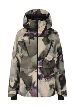 Kapuzenshirt in einem gemischten Aquarellmuster mit Beige-, Schwarz- und Rosatönen. Verfügt über zwei Fronttaschen und ein wasserdichtes Design.