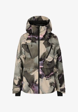 Hooded jacket in a mixed watercolor pattern with shades of beige, black, and pink. Features two front pockets and a waterproof design.