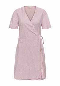Robe portefeuille rayée en rose et blanc. Présente des manches courtes, un décolleté en V, un lien ajustable à la taille et une texture de tissu lisse.